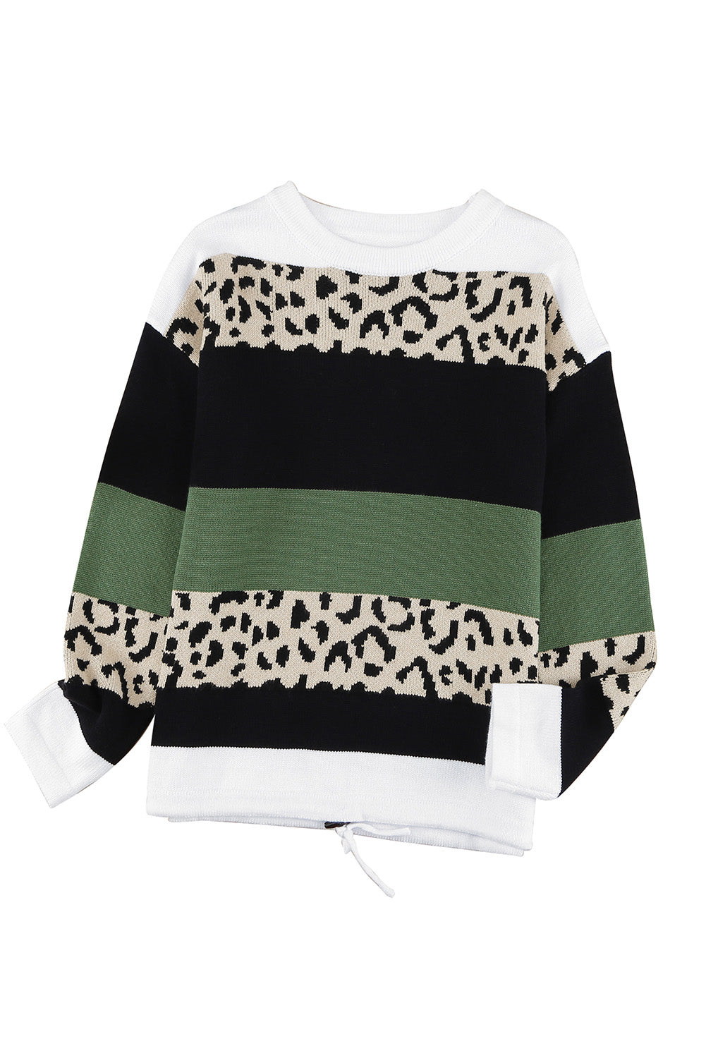 A stylish Crewneck Leopard Color Block Knit Pullover Sweater featuring a chic color block design and leopard pattern splicing, perfect for casual wear.