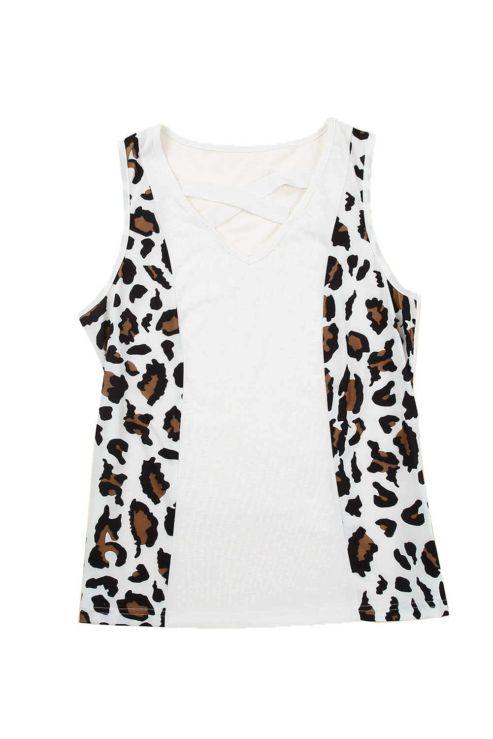 A stylish Crisscross Leopard Splicing Tank Top featuring a trendy leopard patchwork design and a crisscross neck, perfect for summer wear.