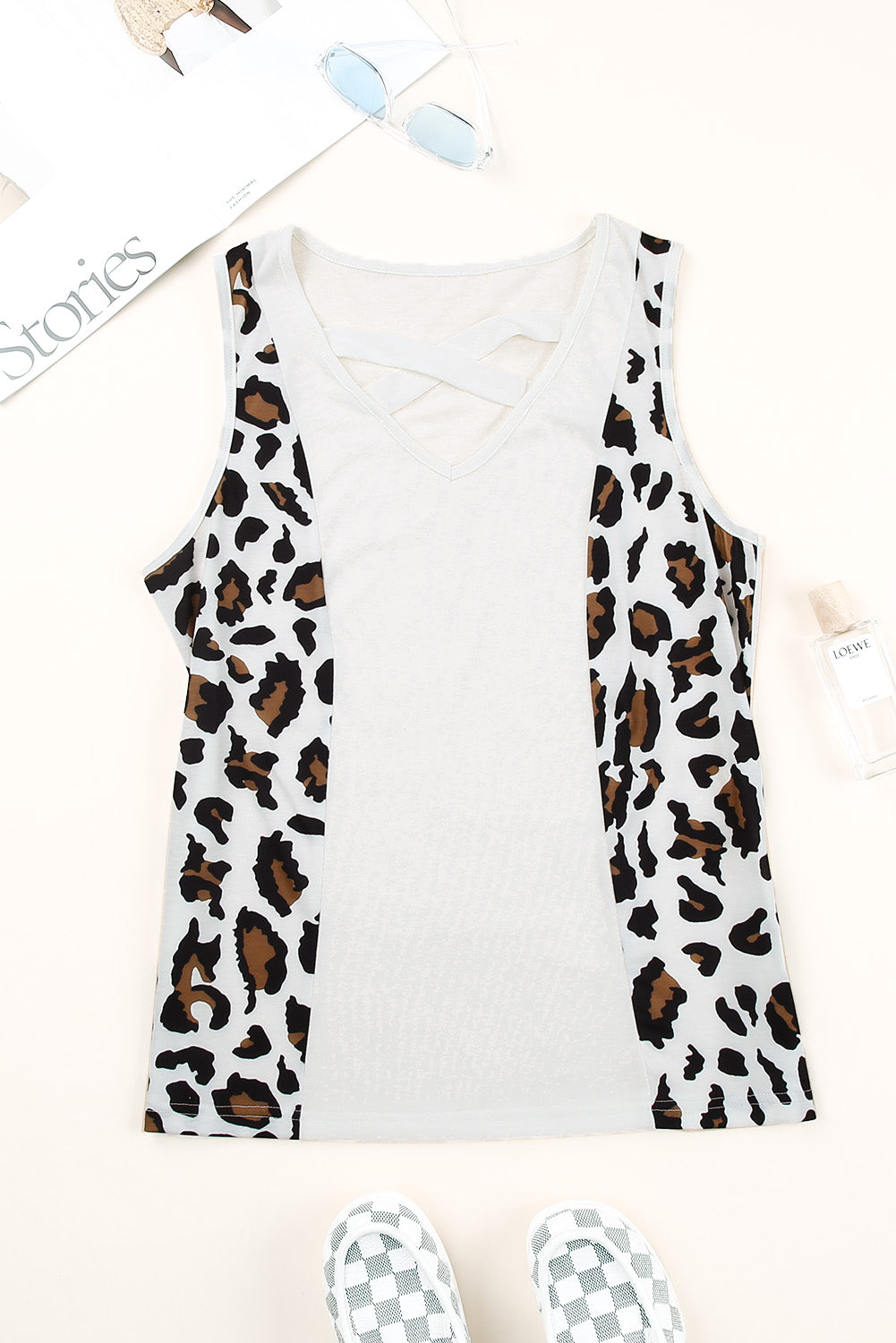 A stylish Crisscross Leopard Splicing Tank Top featuring a trendy leopard patchwork design and a crisscross neck, perfect for summer wear.