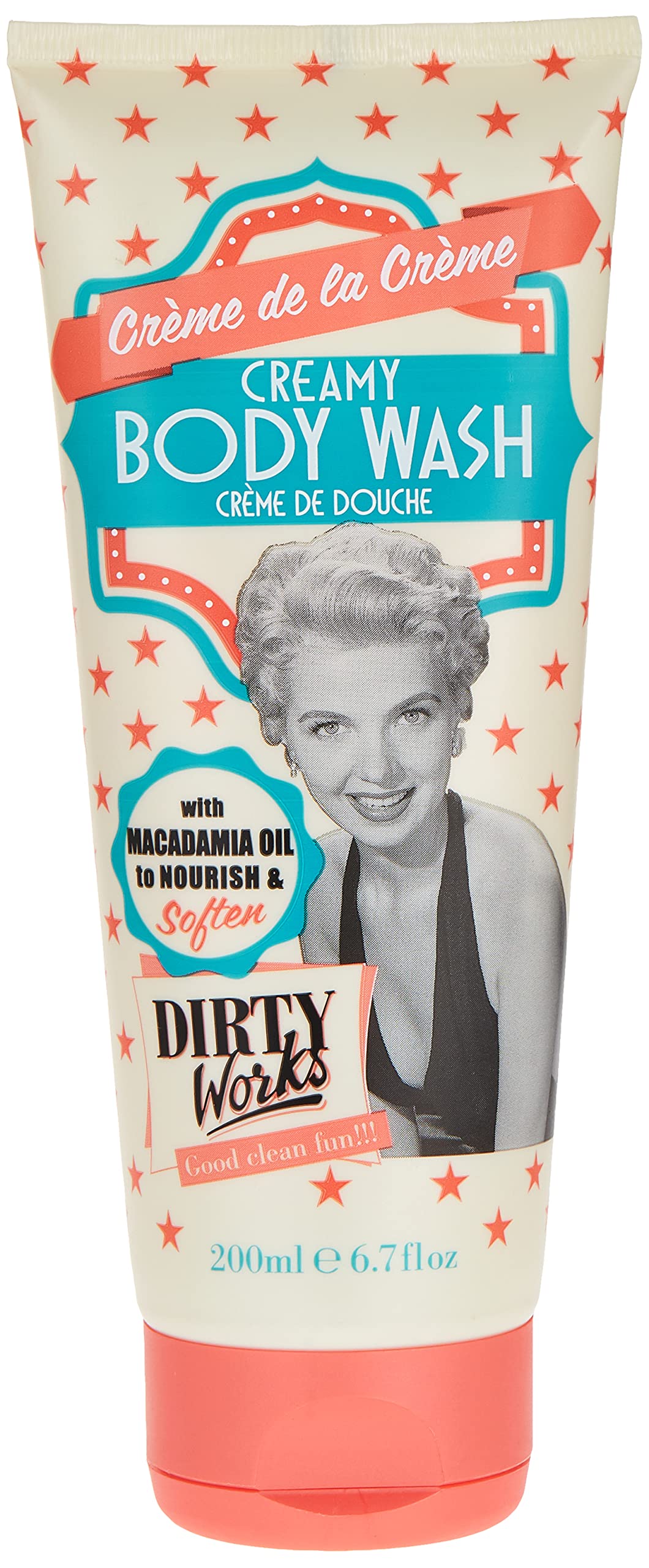 A bottle of Dirty Works Crème de la Crème Body Wash with a creamy texture and elegant packaging, perfect for luxurious cleansing.