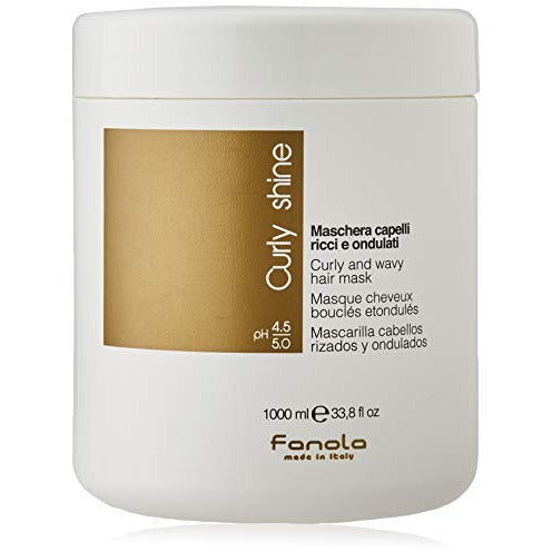 Fanola Curly Shine Hair Mask in a sleek container, showcasing its rich texture and vibrant branding, ideal for enhancing curly hair.