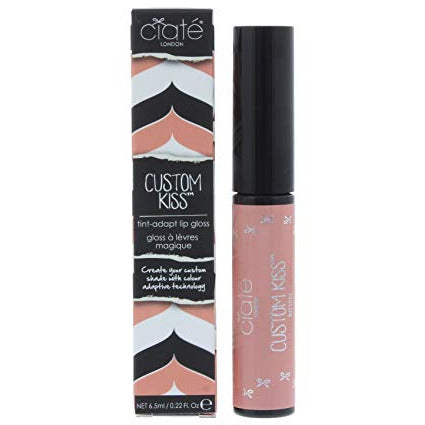 Ciaté Custom Kiss Lip Gloss in Bitten, showcasing a vibrant red shade in a sleek tube with a doe-foot applicator.