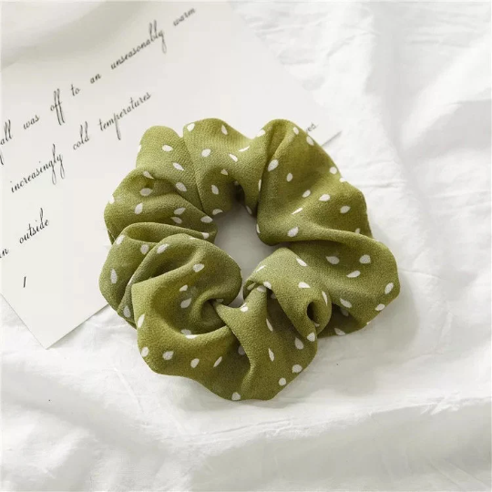 Cute Dot Scrunchie in green and beige chiffon with polka dots, perfect for stylish hair accessories.