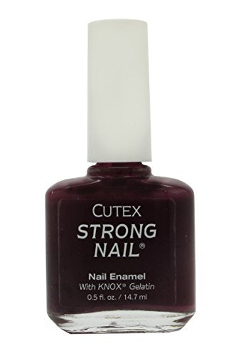 Cutex Strong Nail Enamel in Eggplant, showcasing a deep purple color in a sleek bottle.