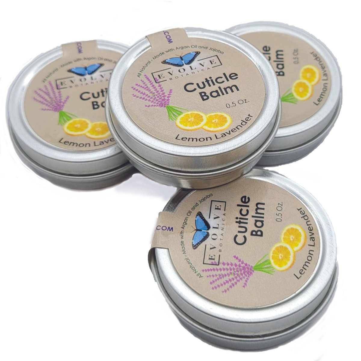 Lemon Lavender Cuticle Balm with argan and jojoba oils in a small jar, surrounded by lemon and lavender flowers.