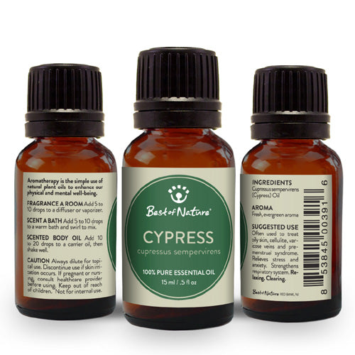 A bottle of 100% pure Cypress Essential Oil surrounded by fresh cypress leaves, showcasing its natural essence.