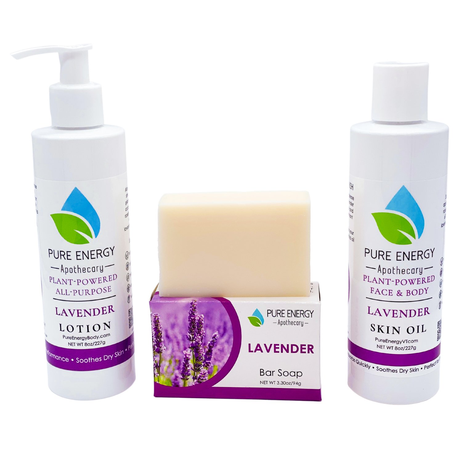 Daily Delight Lavender Bundle featuring natural lotion, soap, and skin oil in elegant packaging, showcasing lavender flowers.