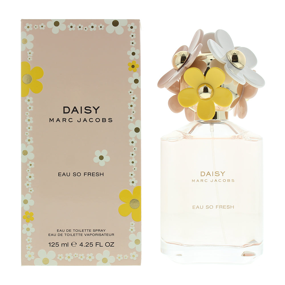 Daisy Eau So Fresh Eau de Toilette by Marc Jacobs in a whimsical floral bottle design, showcasing its vibrant and fresh essence.