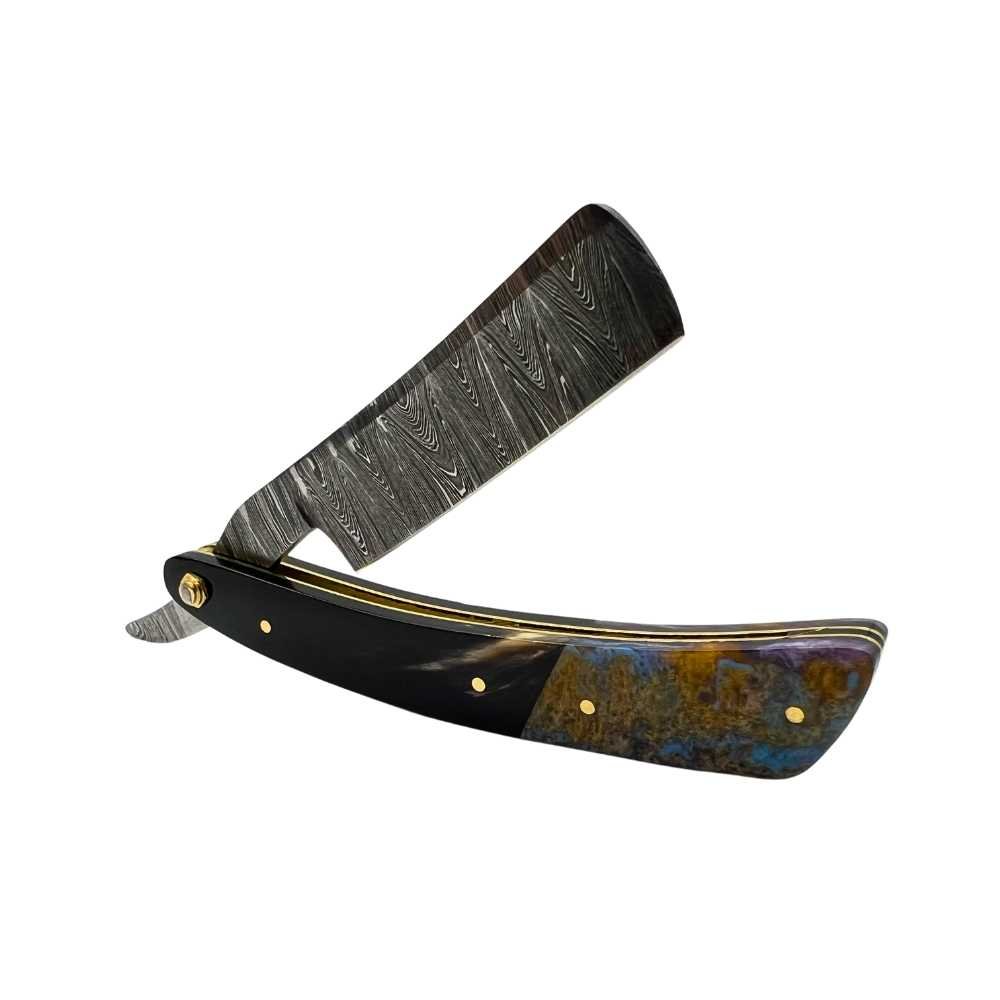 A beautifully handcrafted Damascus Steel Straight Razor with a stitched leather sheath, showcasing unique patterns and elegant design.