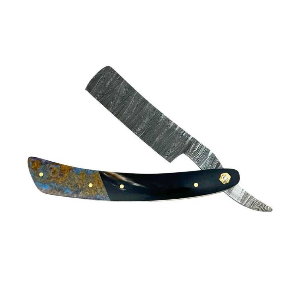 A beautifully handcrafted Damascus Steel Straight Razor with a stitched leather sheath, showcasing unique patterns and elegant design.