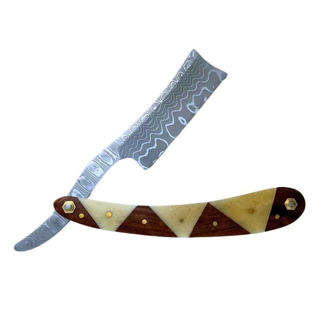 A beautifully handcrafted Damascus Steel Straight Razor with a stitched leather sheath, showcasing unique patterns and elegant design.