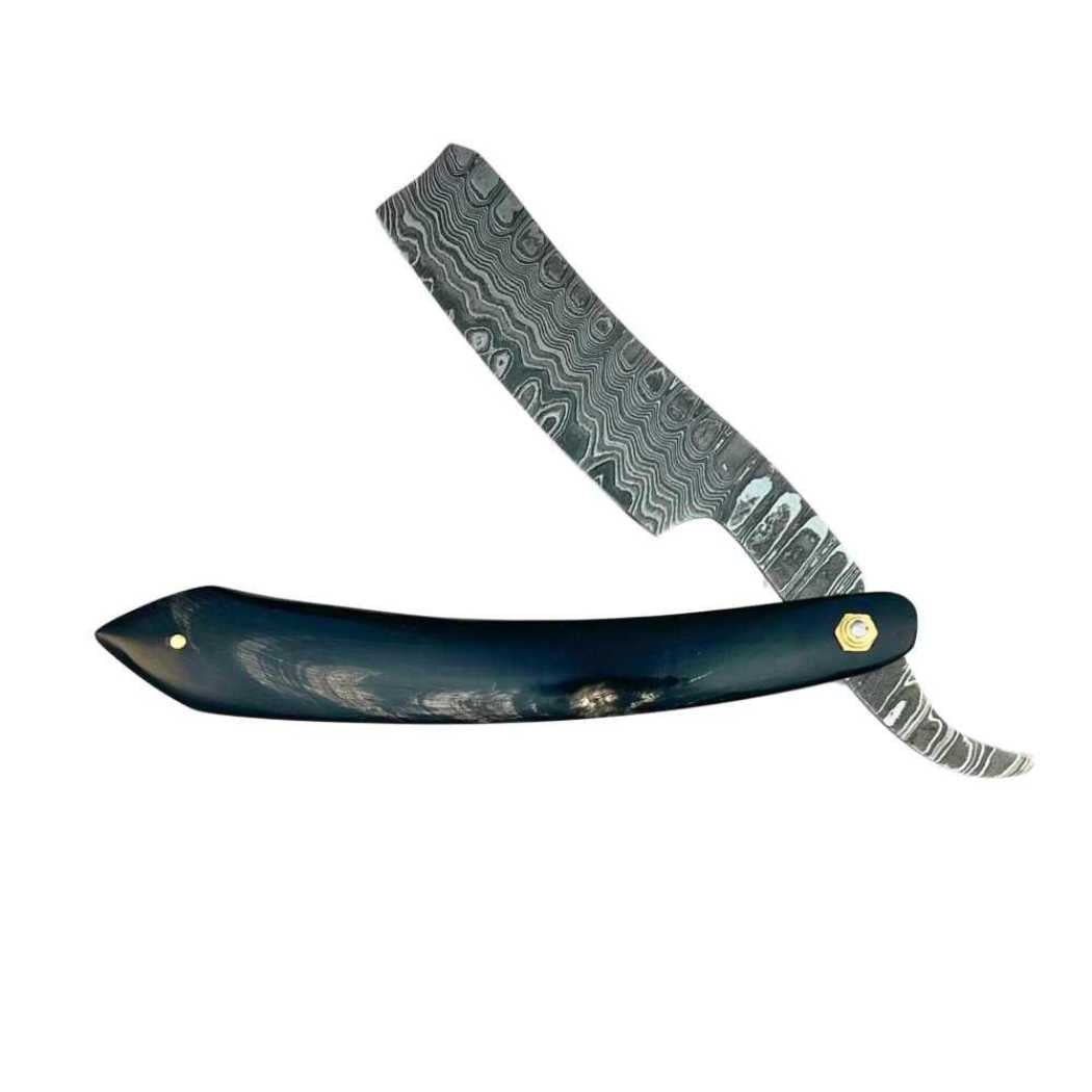 A beautifully handcrafted Damascus Steel Straight Razor with a stitched leather sheath, showcasing unique patterns and elegant design.