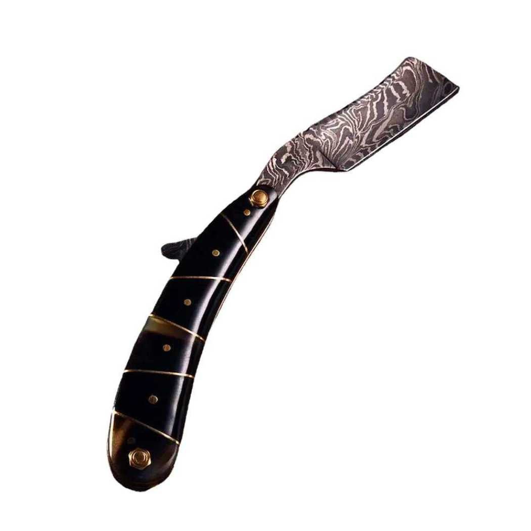 A beautifully handcrafted Damascus Steel Straight Razor with a stitched leather sheath, showcasing unique patterns and elegant design.