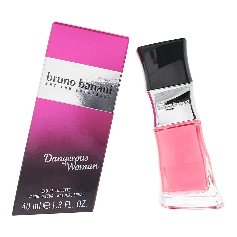 Bruno Banani Dangerous Woman Eau de Toilette bottle with elegant design, showcasing its floral and fruity essence.