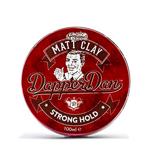 Dapper Dan Matt Clay in a stylish container, showcasing its strong hold and matte finish for hair styling.