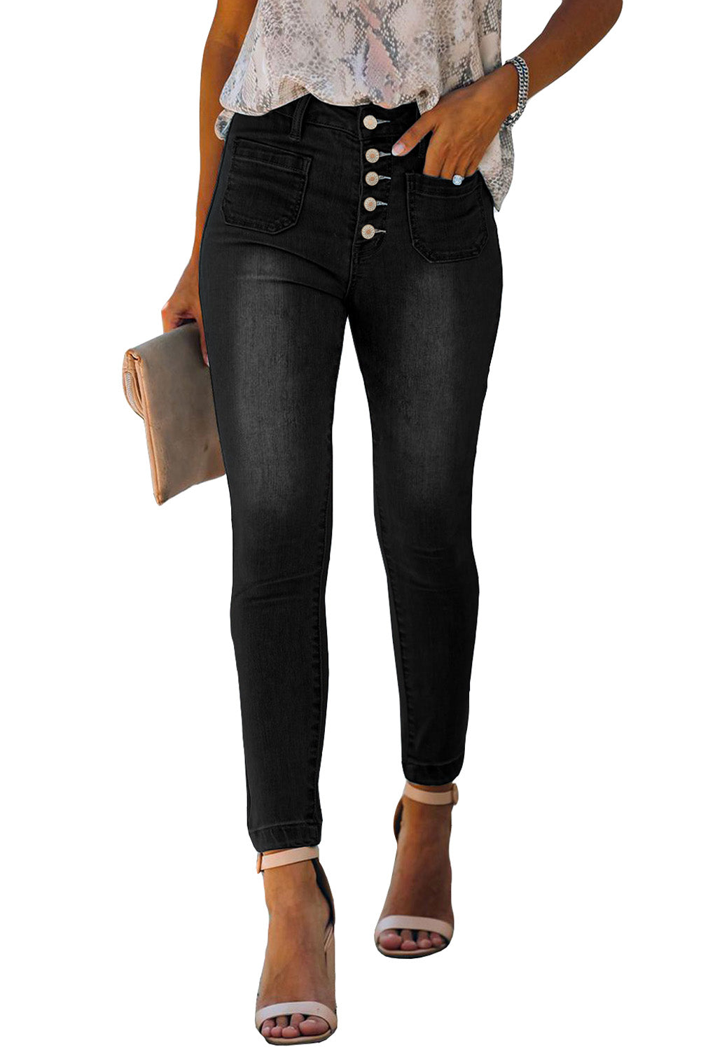 Dark blue skinny jeans featuring a button fly closure and pockets, designed for a stylish and comfortable fit.