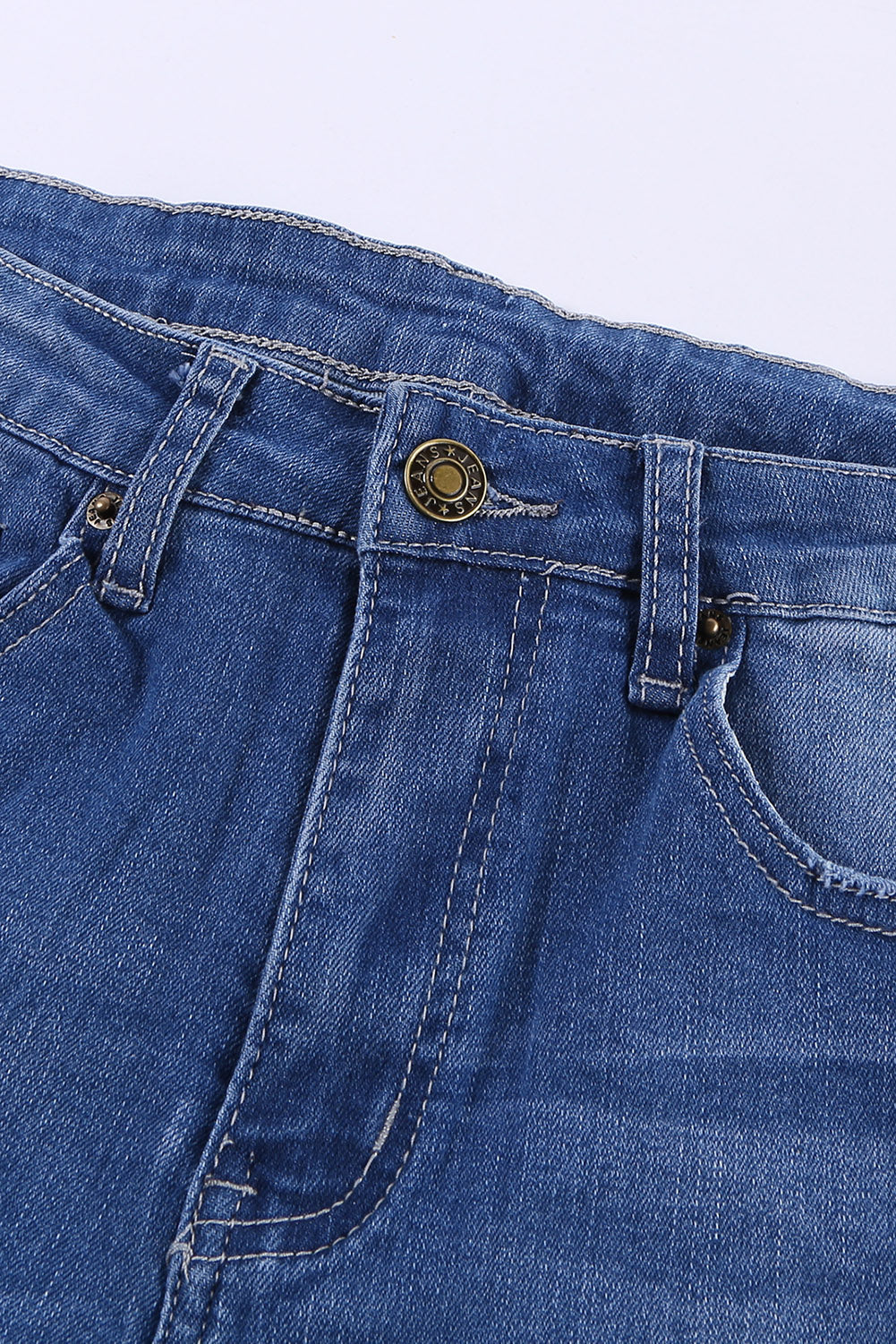 A pair of dark blue frayed hem denim shorts displayed on a white background, showcasing the stylish distressed design and pockets.