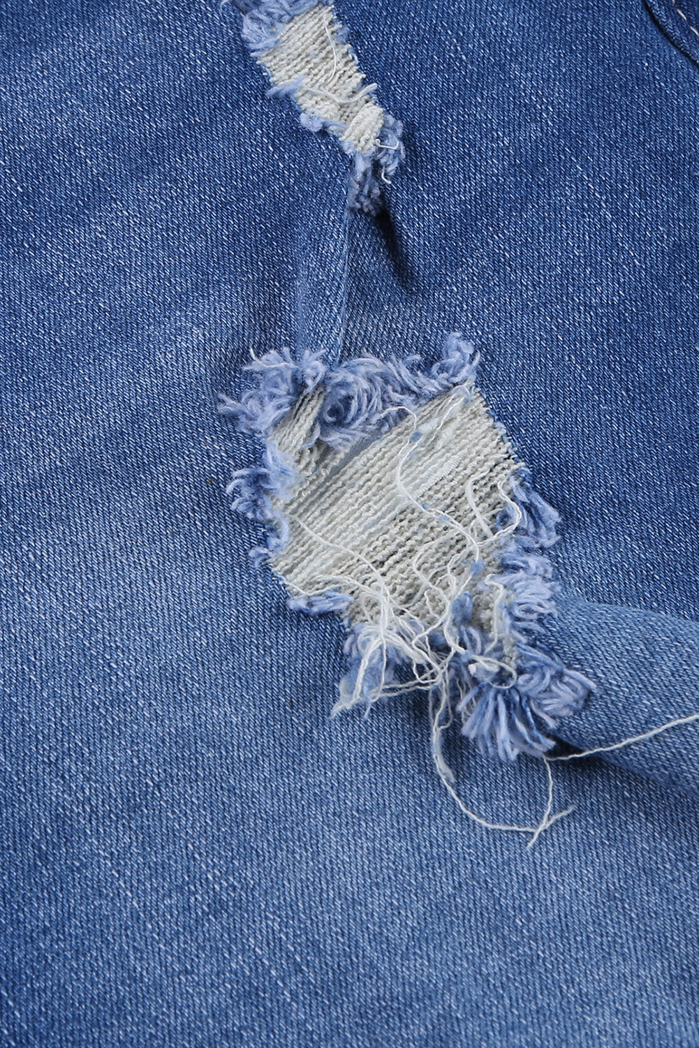 A pair of dark blue frayed hem denim shorts displayed on a white background, showcasing the stylish distressed design and pockets.