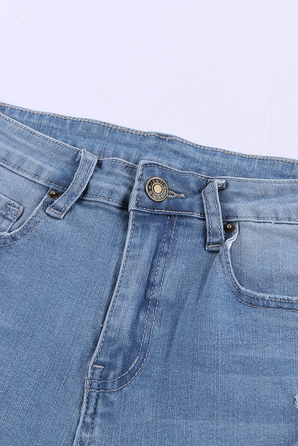 A pair of dark blue frayed hem denim shorts displayed on a white background, showcasing the stylish distressed design and pockets.