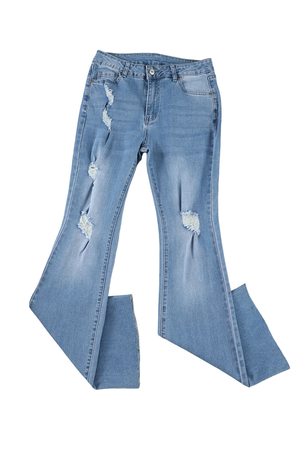 A pair of dark wash mid rise flare jeans featuring a trendy ripped design and raw hem detail, perfect for stylish casual wear.