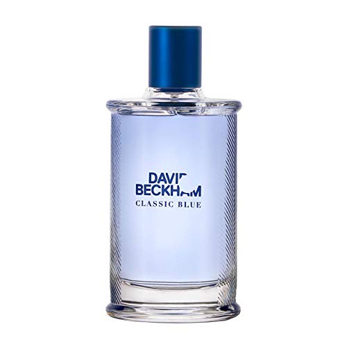 David Beckham Classic Blue Eau de Toilette bottle with a sleek design, showcasing its elegant blue color.