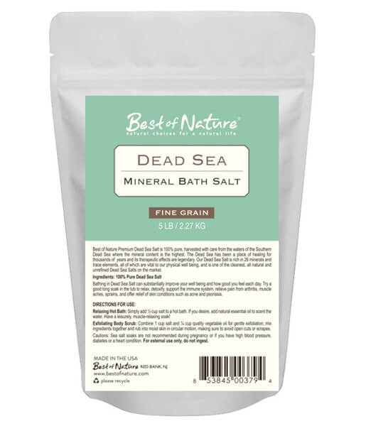 A bag of Best of Nature Premium Dead Sea Mineral Bath Salt, showcasing its natural texture and purity.