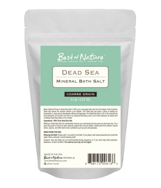 A bag of Best of Nature Premium Dead Sea Mineral Bath Salt, showcasing its natural texture and purity.