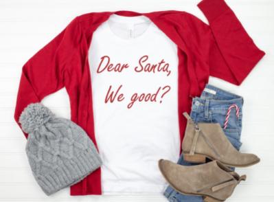 A soft, unisex graphic tee featuring the text 'Dear Santa We Good' in festive colors, available in multiple options.