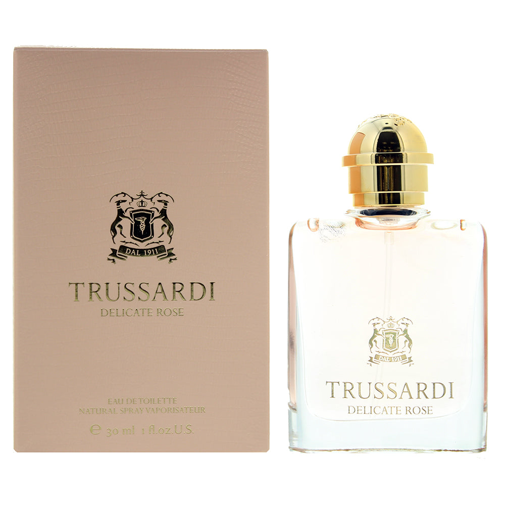 Trussardi Delicate Rose Eau de Toilette bottle with elegant floral design.