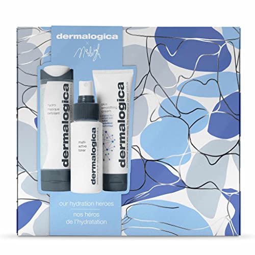 Dermalogica Our Hydration Heroes Gift Set featuring Hydro Masque Exfoliant, Multi-Active Toner, and Skin Smoothing Cream in elegant packaging.