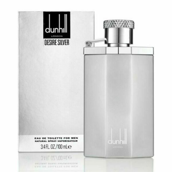 Desire Silver Eau de Toilette by Alfred Dunhill in a sleek, modern bottle, showcasing its elegant design.