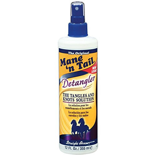 Mane 'n Tail Detangler spray bottle with a sleek design, showcasing its label and nozzle for easy application.