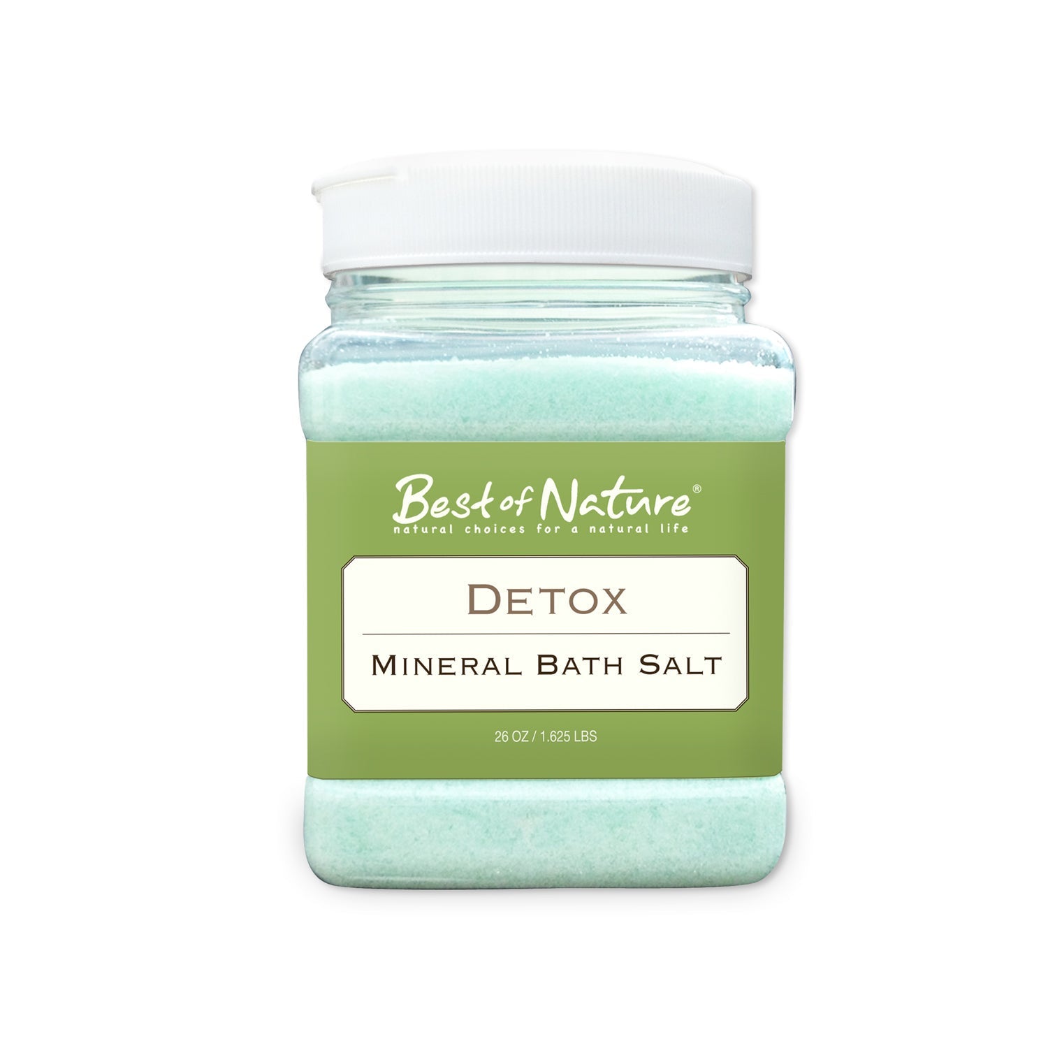 Detox Mineral Bath Salt in a shaker-top container, showcasing its natural ingredients and vibrant texture.