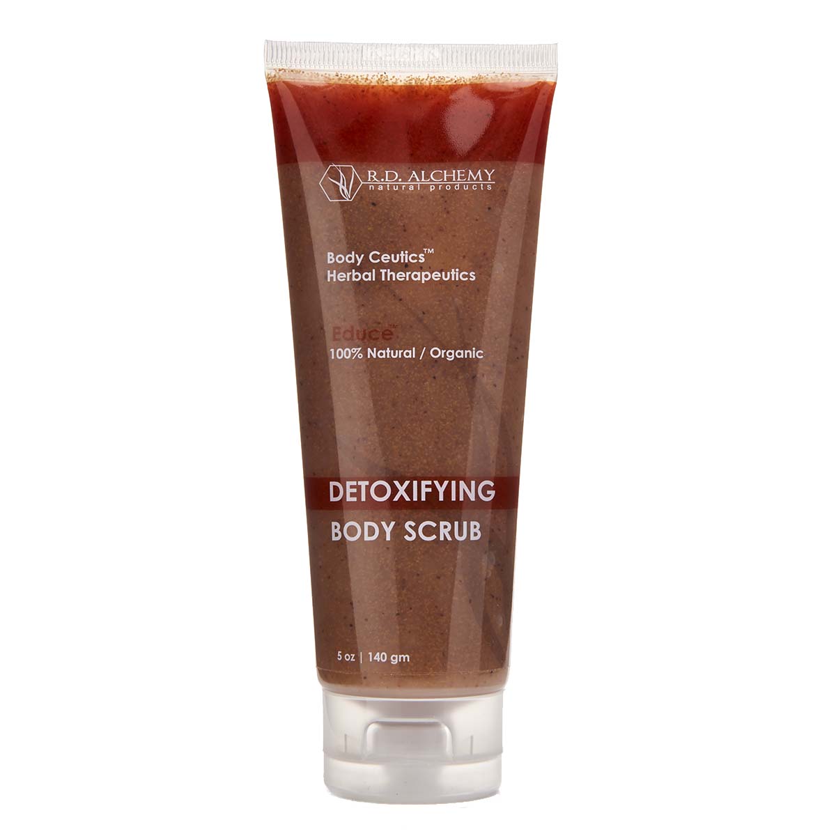 A jar of Detoxifying Body Scrub with natural ingredients, showcasing its texture and packaging.