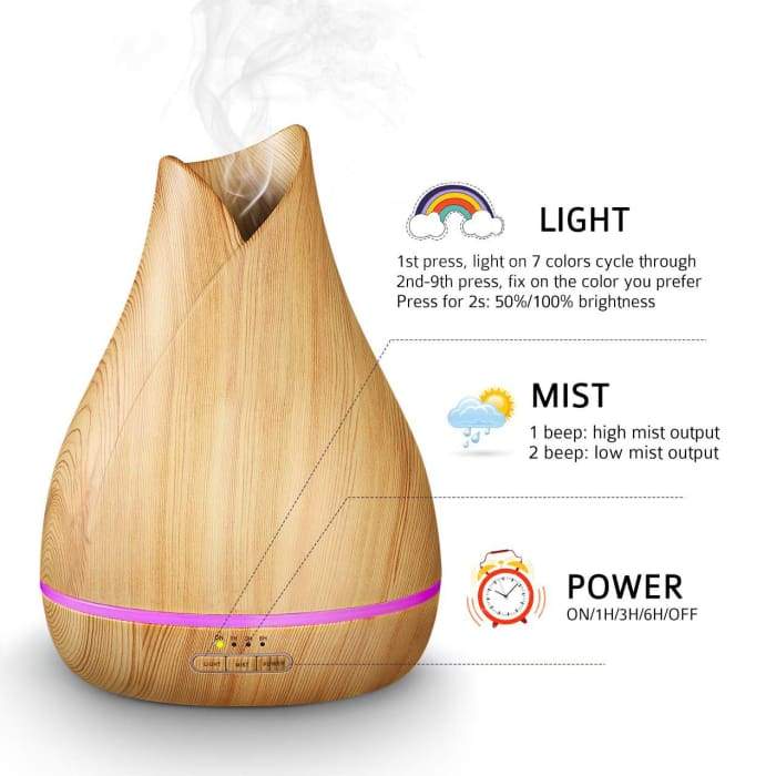 A sleek 500ml essential oil diffuser with LED lights, designed for aromatherapy and humidifying.