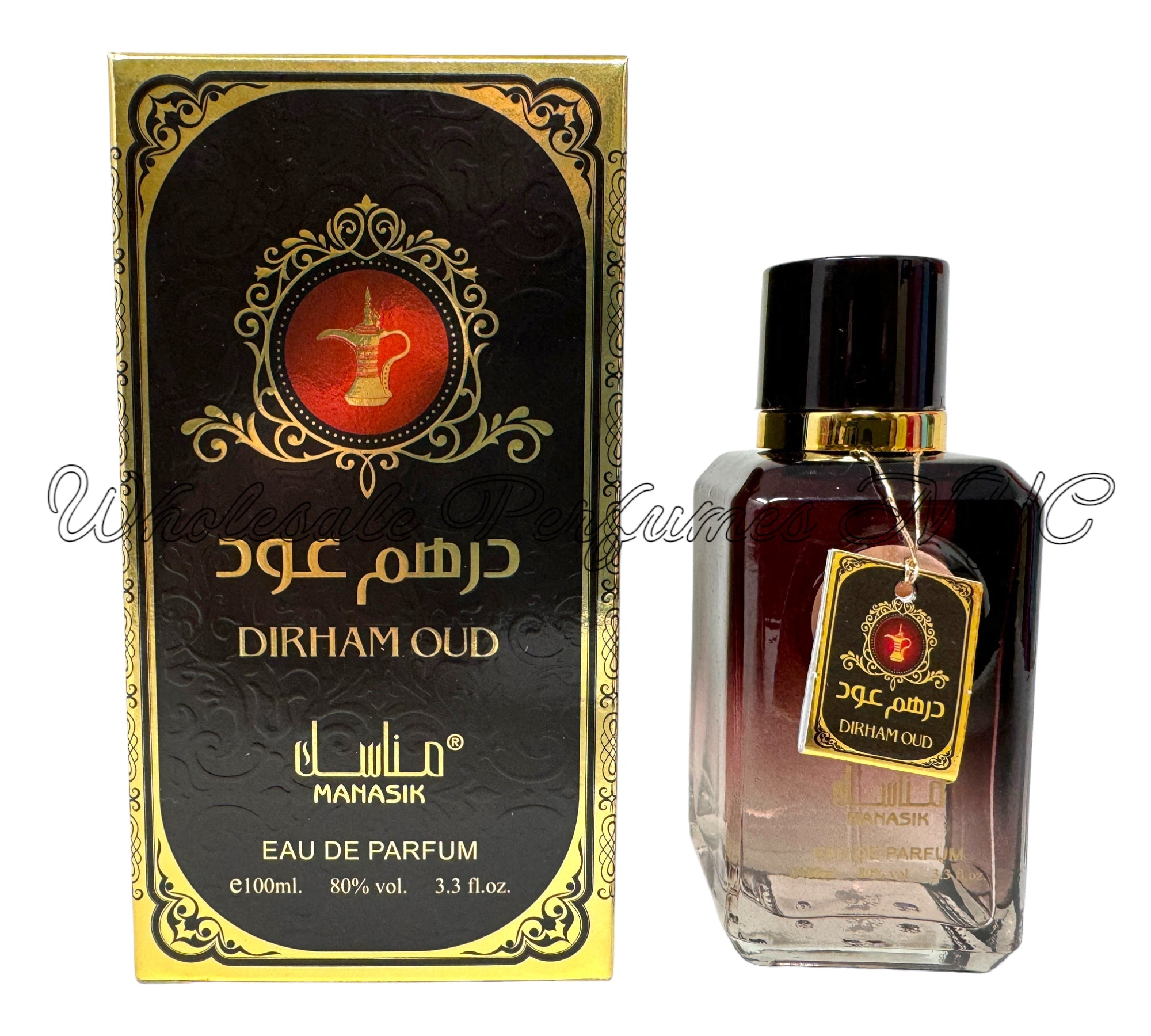 Dirham Oud for Men 3.4oz Eau de Parfum bottle elegantly displayed, showcasing its luxurious design and rich fragrance.