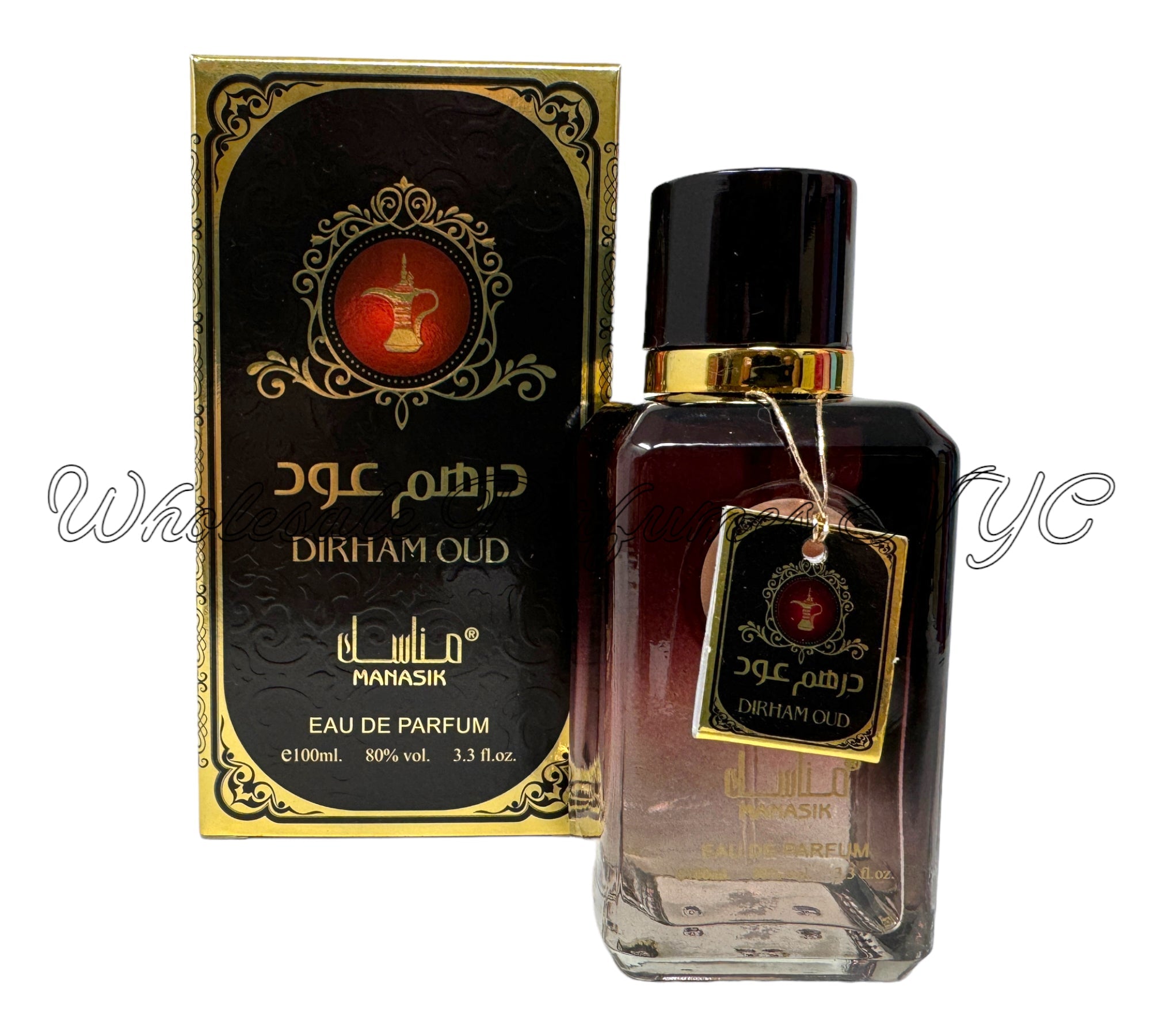 Dirham Oud for Men 3.4oz Eau de Parfum bottle elegantly displayed, showcasing its luxurious design and rich fragrance.