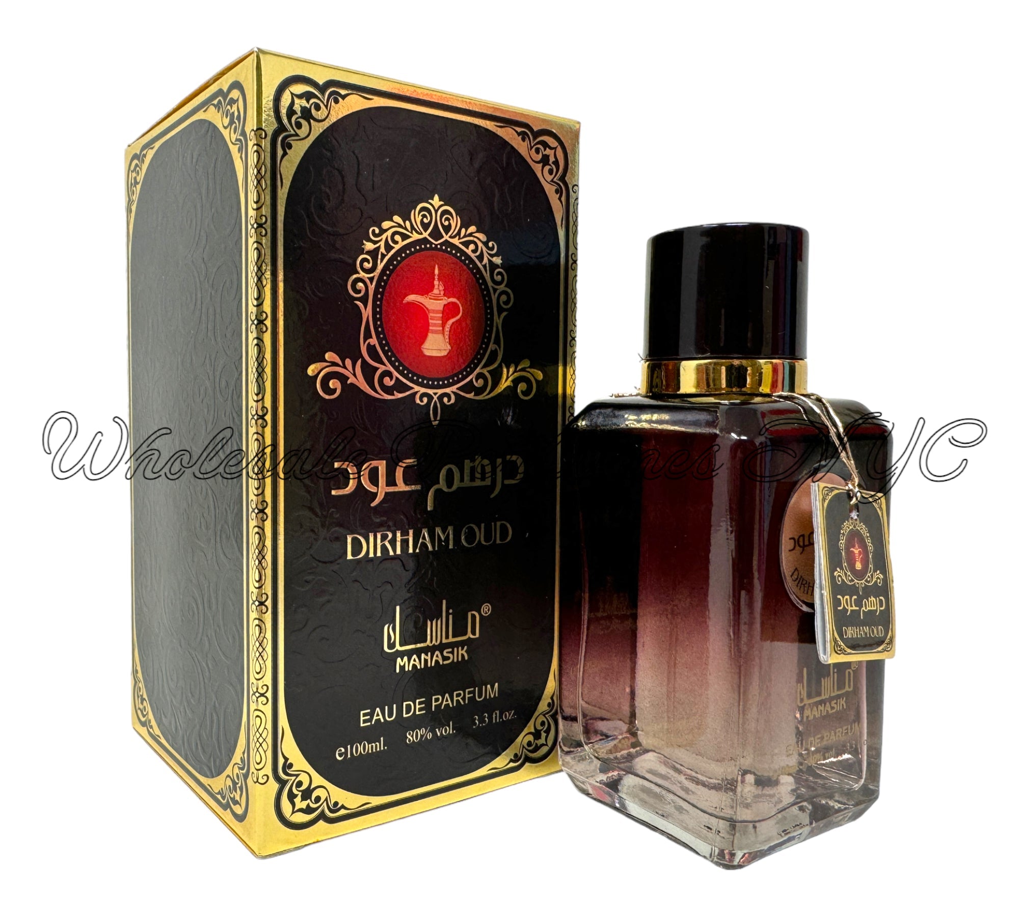 Dirham Oud for Men 3.4oz Eau de Parfum bottle elegantly displayed, showcasing its luxurious design and rich fragrance.