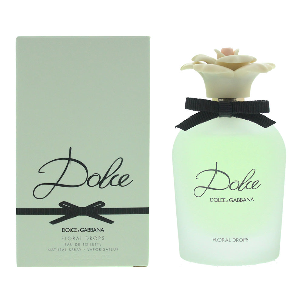 A stylish bottle of Dolce Floral Drops Eau de Toilette by Dolce & Gabbana, featuring a floral design and soft pastel colors.