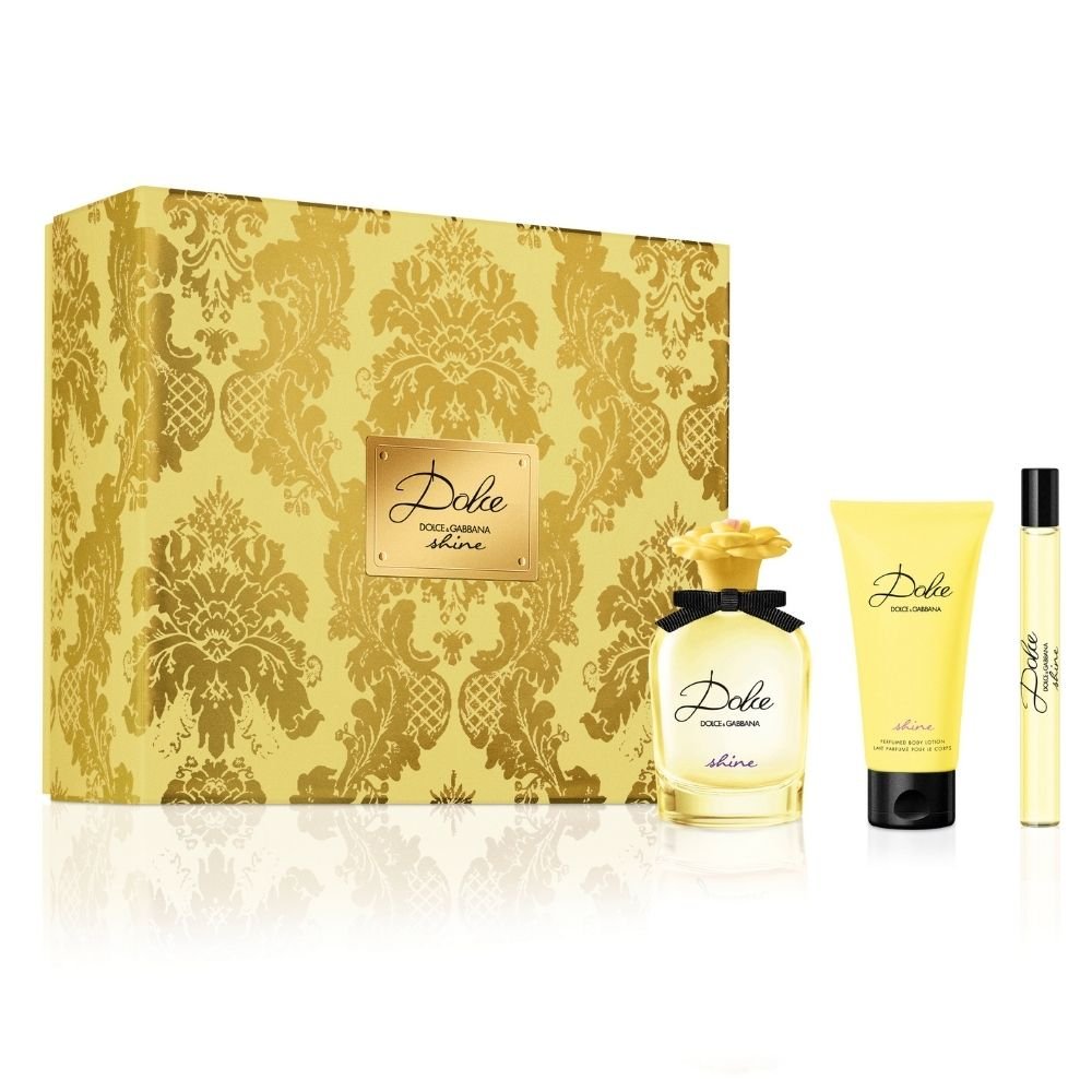 Dolce & Gabbana Dolce Shine Gift Set featuring 75ml EDP, 50ml body lotion, and 10ml travel-sized EDP in elegant packaging.