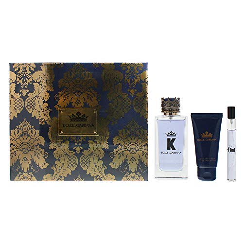 Dolce & Gabbana K Gift Set featuring 100ml EDT, 10ml EDT, and 50ml Aftershave Balm in elegant packaging.