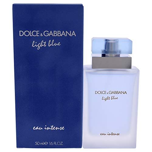 Dolce & Gabbana Light Blue Eau Intense Eau de Parfum bottle with a light blue hue, elegantly designed for women.