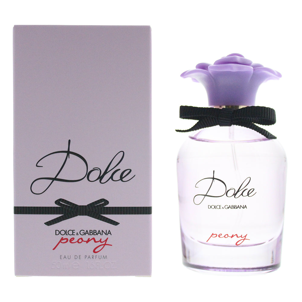 Dolce Peony Eau de Parfum bottle elegantly displayed with floral accents, showcasing its luxurious design.