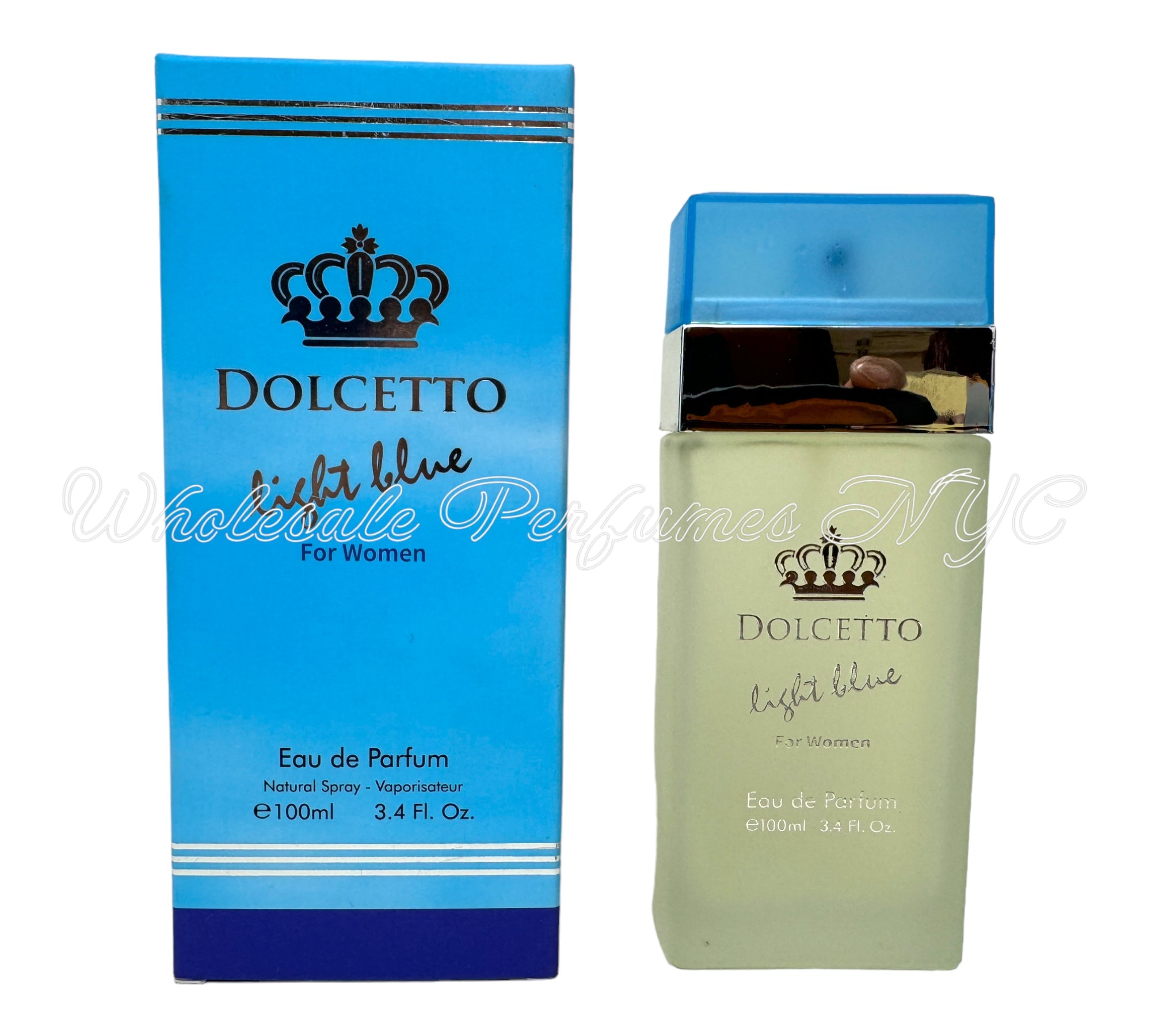 Dolcetto Light Blue for Women Eau de Parfum Spray in a stylish 3.4oz bottle, showcasing its elegant design and refreshing fragrance.