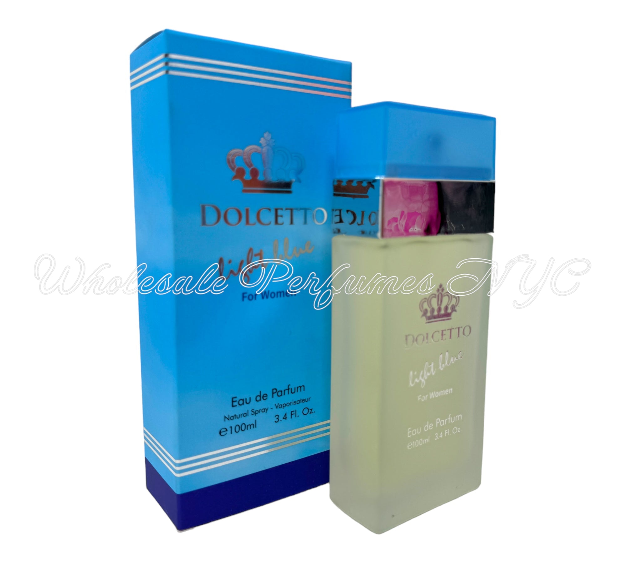 Dolcetto Light Blue for Women Eau de Parfum Spray in a stylish 3.4oz bottle, showcasing its elegant design and refreshing fragrance.