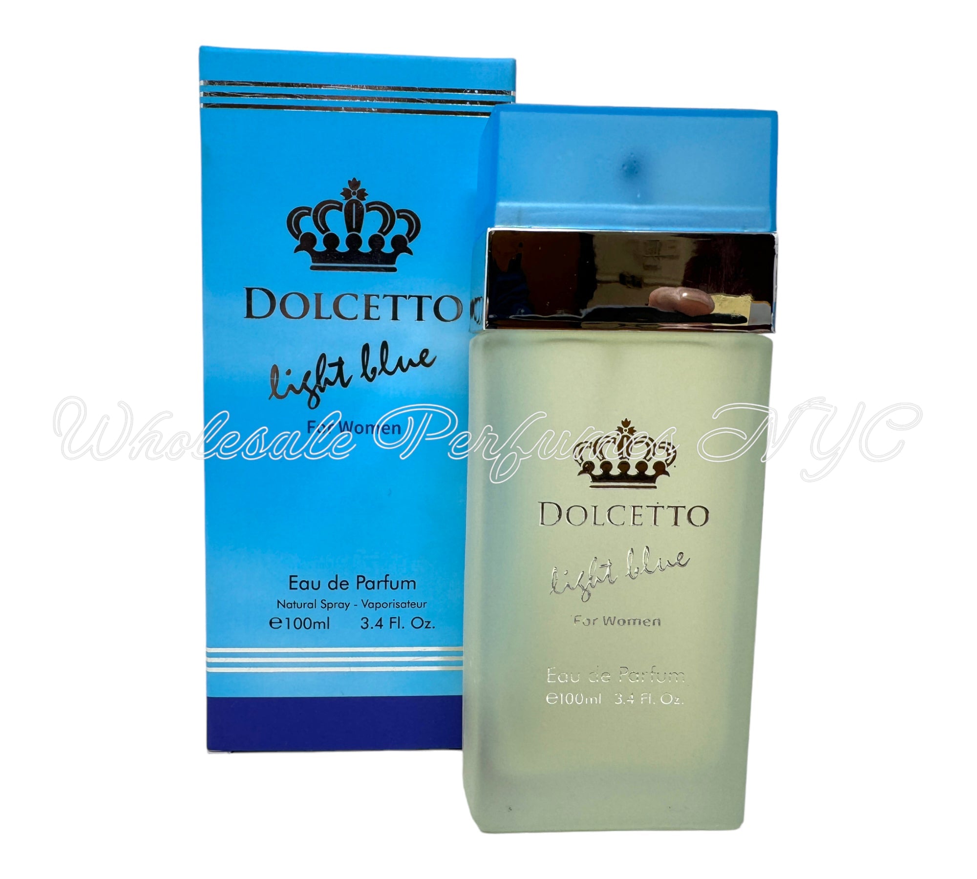 Dolcetto Light Blue for Women Eau de Parfum Spray in a stylish 3.4oz bottle, showcasing its elegant design and refreshing fragrance.