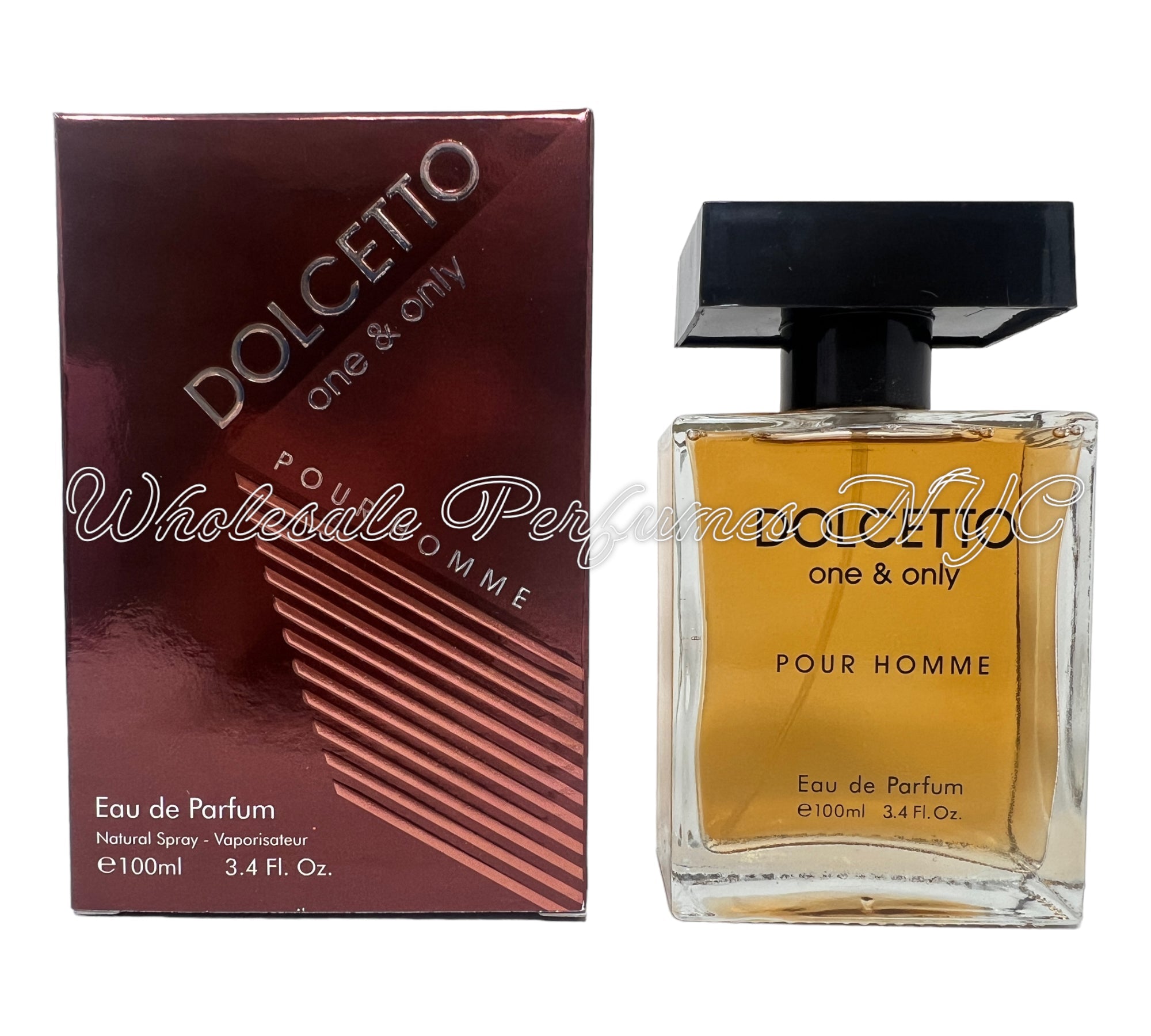 Dolcetto One & Only Pour Homme for Men 3.4oz Eau de Parfum Spray in an elegant bottle, showcasing urban sophistication.