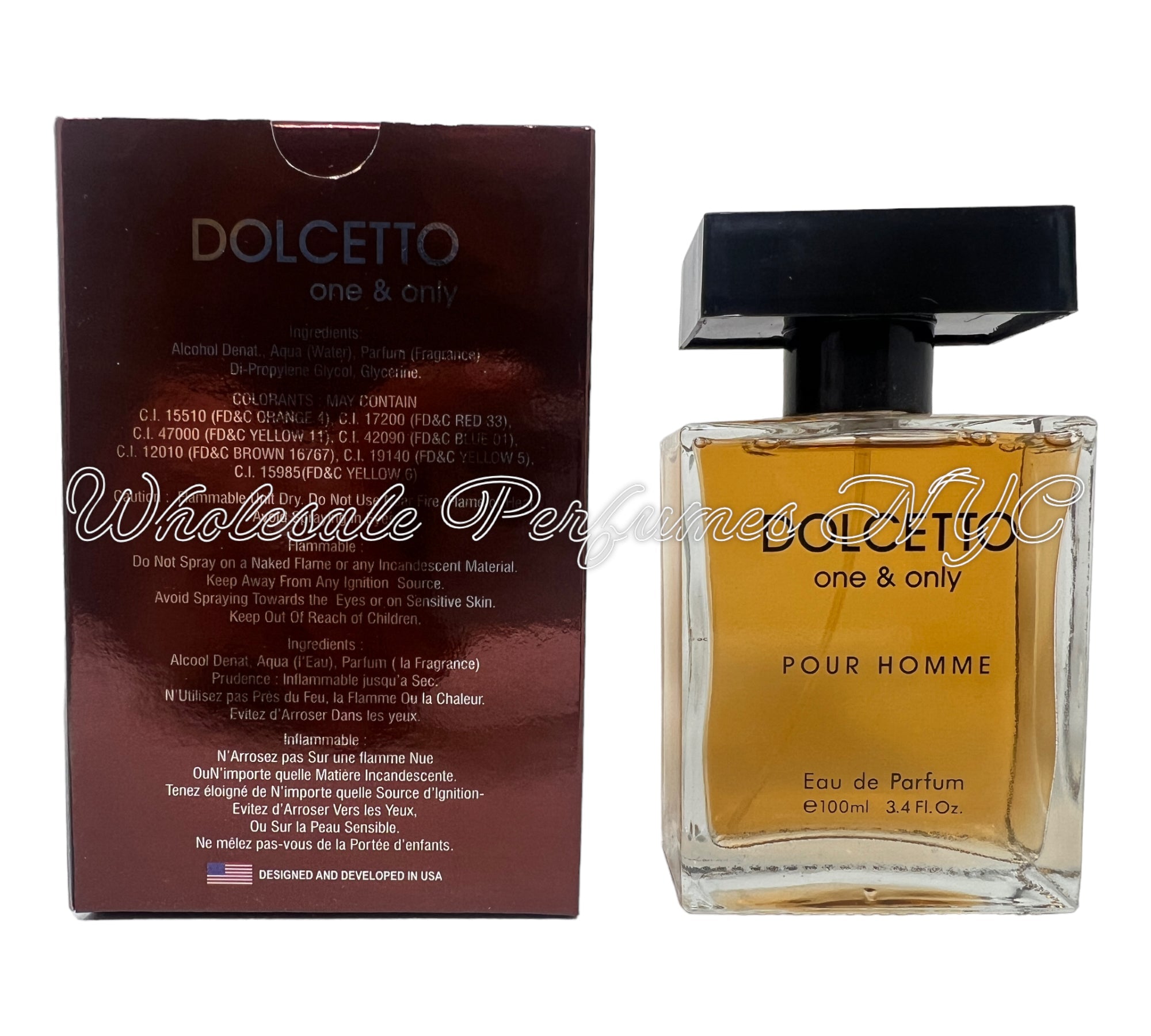 Dolcetto One & Only Pour Homme for Men 3.4oz Eau de Parfum Spray in an elegant bottle, showcasing urban sophistication.