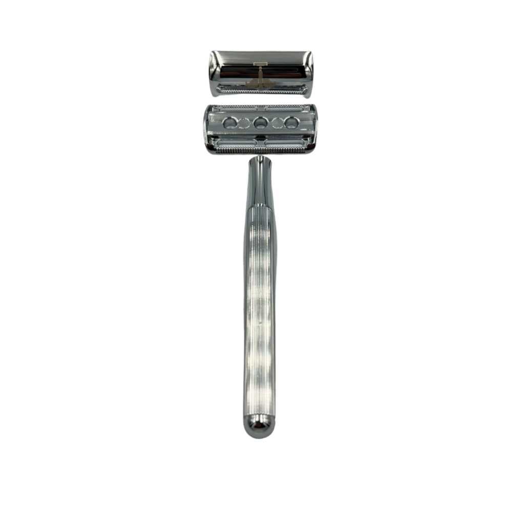 Double-Sided Safety Razor V2 with brass handle, covered tabs, and vertical ridges, available in silver, black, and gold.