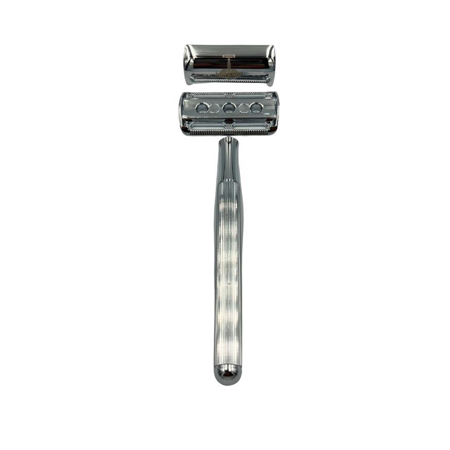 Double-Sided Safety Razor V2 with brass handle, covered tabs, and vertical ridges, available in silver, black, and gold.